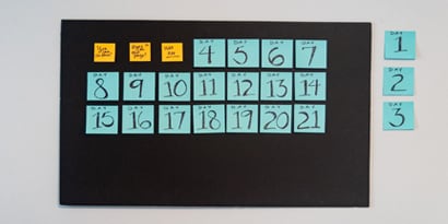 Post-it® Habit countdown board with 2"x2" and 3"x3" notes attached.